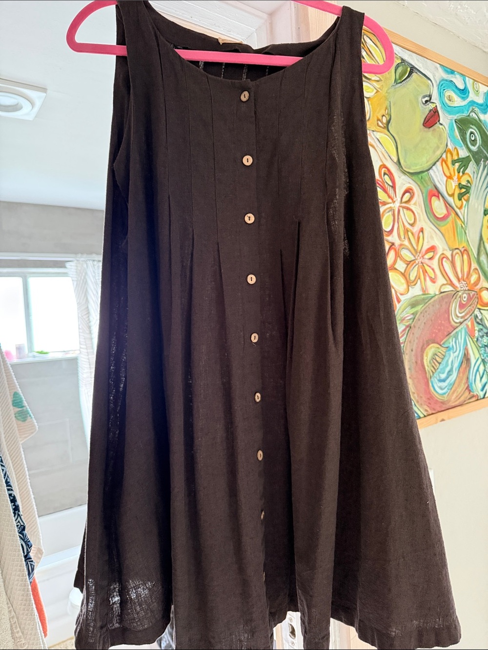 Women's chocolate brown Button-Front A-Line Linen mini dress/ tunic